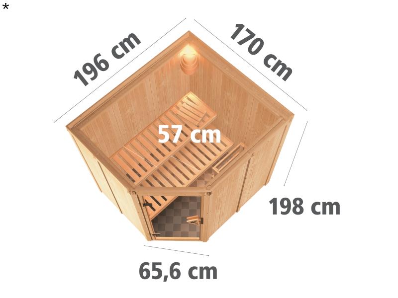 Lilja - Karibu Sauna Plug & Play 3,6 kW Ofen, int. Steuerung - ohne Dachkranz - Klarglas Ganzglastür