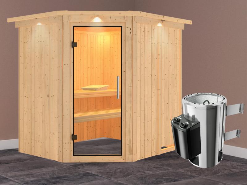 Lilja - Karibu Sauna Plug & Play 3,6 kW Ofen, int. Steuerung - mit Dachkranz - Klarglas Ganzglastür
