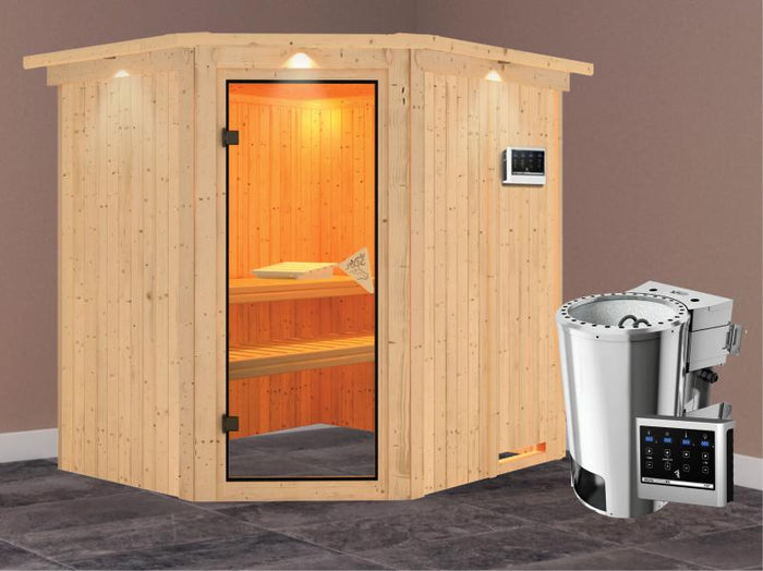 Lilja - Karibu Sauna Plug & Play inkl. 3,6 kW-Bioofen - mit Dachkranz -