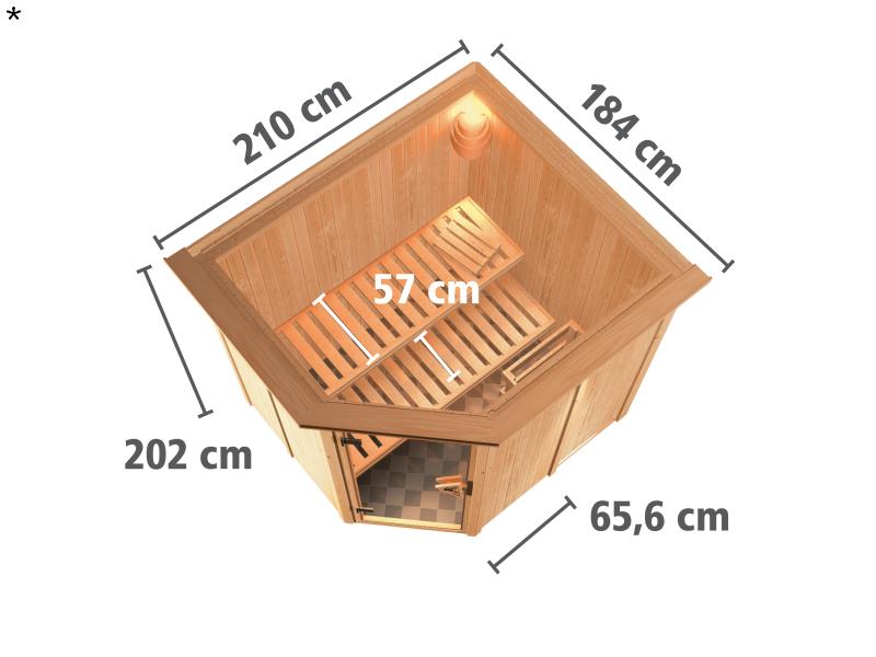 Lilja - Karibu Sauna Plug & Play inkl. 3,6 kW-Ofen - mit Dachkranz -