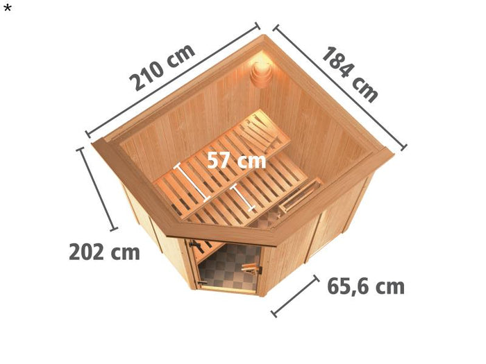 Lilja - Karibu Sauna Plug & Play inkl. 3,6 kW-Ofen - mit Dachkranz -