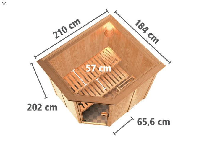 Lilja - Karibu Sauna Plug & Play inkl. 3,6 kW-Ofen - mit Dachkranz -