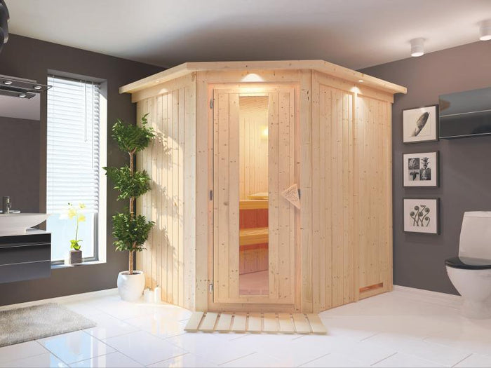 Lilja - Karibu Sauna Plug & Play ohne Ofen - mit Dachkranz - Energiespartür