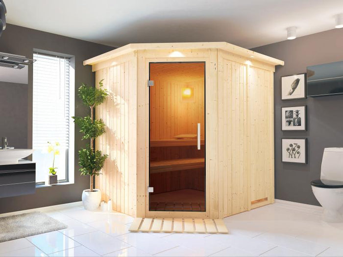 Lilja - Karibu Sauna Plug & Play ohne Ofen - mit Dachkranz - Moderne Saunatür