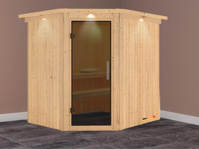 Lilja - Karibu Sauna Plug & Play ohne Ofen - mit Dachkranz - Moderne Saunatür