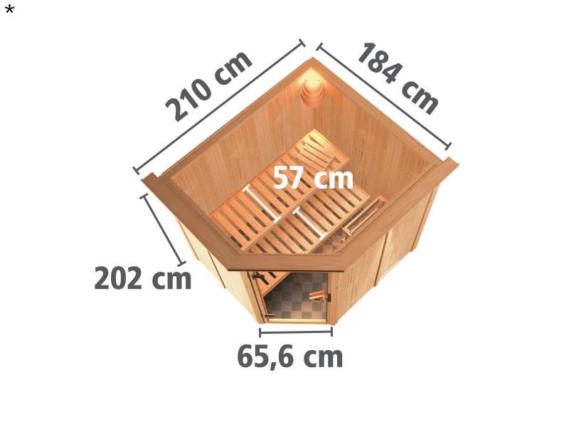Lilja - Karibu Sauna Plug & Play ohne Ofen - mit Dachkranz - Moderne Saunatür