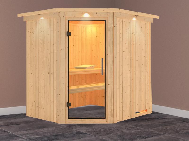Lilja - Karibu Sauna Plug & Play ohne Ofen - mit Dachkranz - Klarglas Ganzglastür