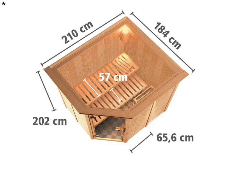 Lilja - Karibu Sauna Plug & Play ohne Ofen - mit Dachkranz - Klarglas Ganzglastür