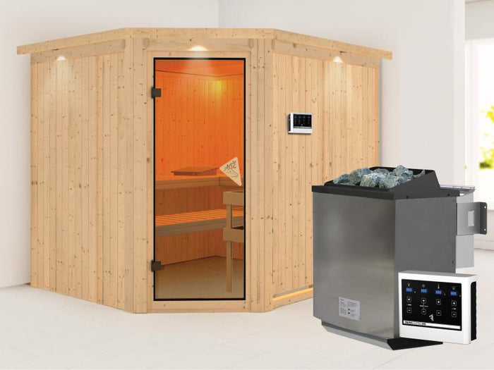 Malin - Karibu Sauna inkl. 9-kW-Bioofen - mit Dachkranz -