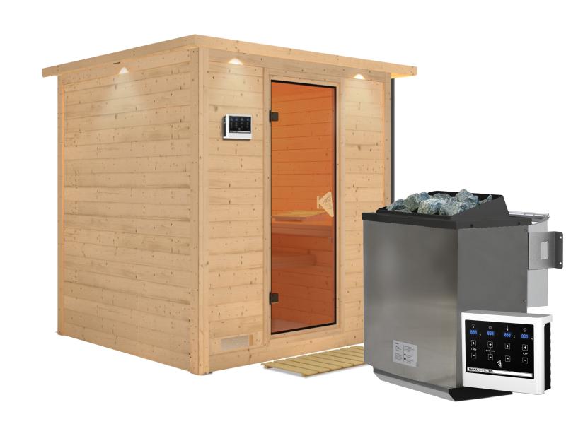 Mojave - Karibu Sauna inkl. 9-kW-Bioofen - mit Dachkranz -