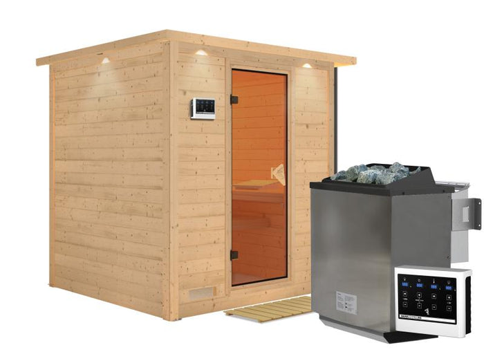 Mojave - Karibu Sauna inkl. 9-kW-Bioofen - mit Dachkranz -
