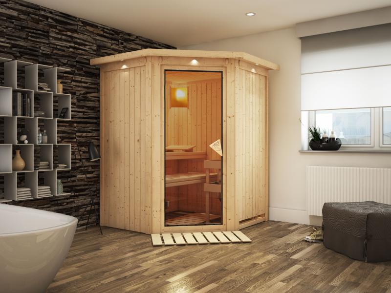 Nanja - Karibu Sauna Plug & Play ohne Ofen - mit Dachkranz -