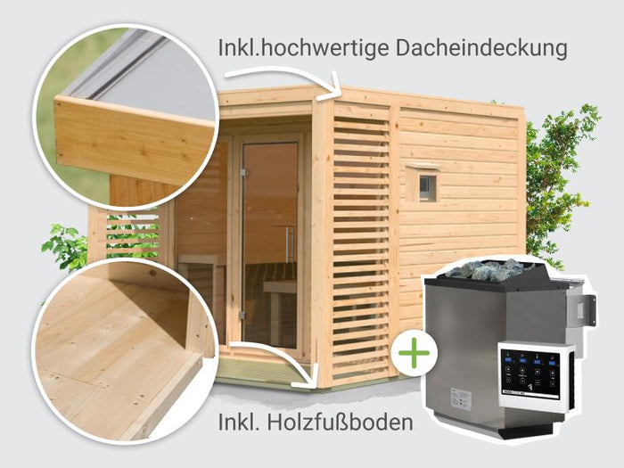 Osb samrt choice Saunahaus Patio 3, 38 mm naturbelassen -inkl. 9 kW Bioofen ext. Steuerung- inkl. Da