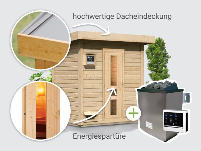 Osb smart choice Saunahaus Hella 1  38 mm - inkl. 9 kW Ofen ext. Steuerung - inkl. Dacheindeckung un