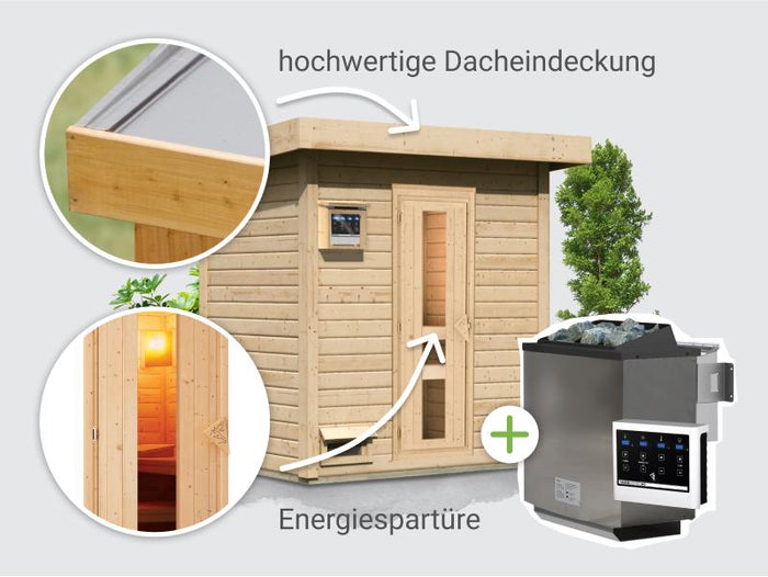 Osb smart choice Saunahaus Hella 1  38 mm - inkl. 9 kW Bioofen ext. Steuerung - inkl. Dacheindeckung