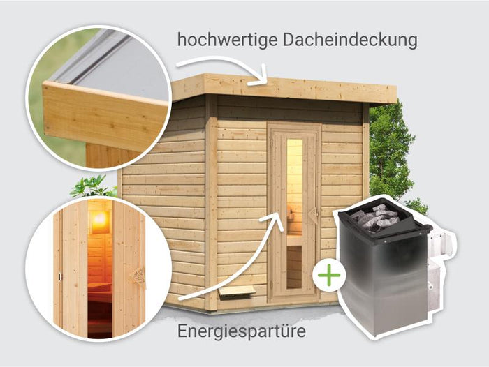 Osb smart choice Saunahaus Hella 2  38 mm - inkl. 9 kW Ofen integr. Steuerung - mit Dacheindeckung u