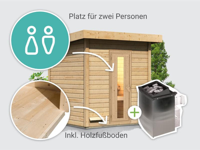 Osb smart choice Saunahaus Hella 2  38 mm - inkl. 9 kW Ofen integr. Steuerung - mit Dacheindeckung u
