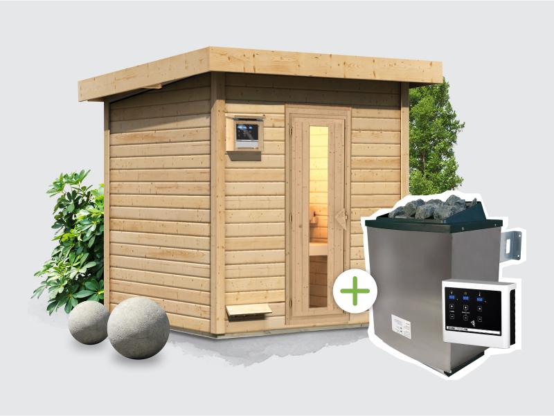 Osb smart choice Saunahaus Hella 2  38 mm - inkl. 9 kW Ofen ext. Steuerung - mit Dacheindeckung und