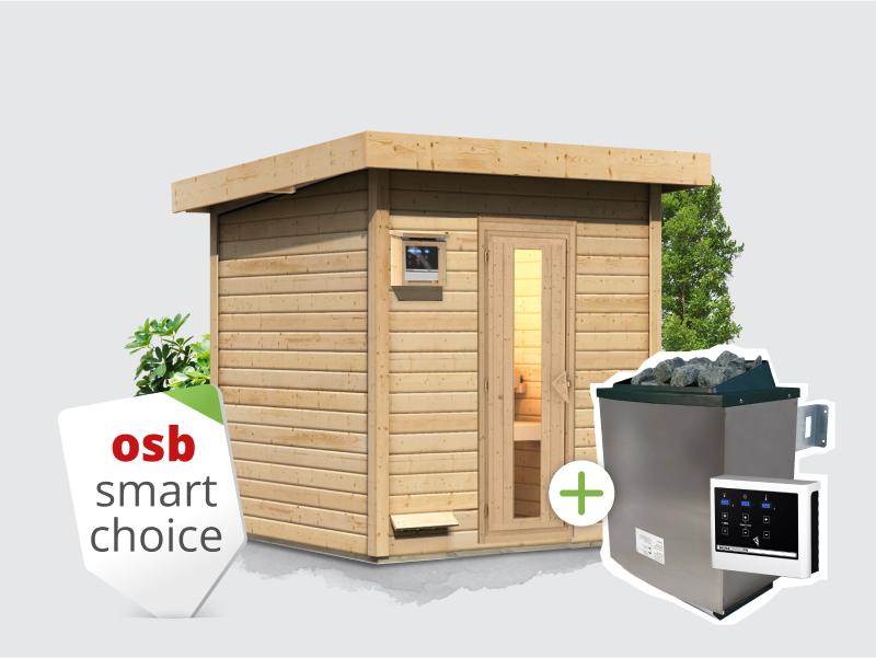 Osb smart choice Saunahaus Hella 2  38 mm - inkl. 9 kW Ofen ext. Steuerung - mit Dacheindeckung und