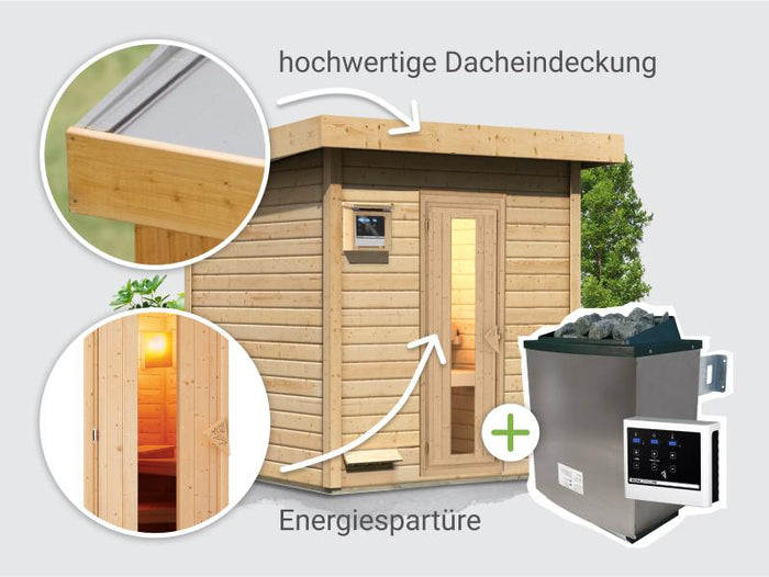 Osb smart choice Saunahaus Hella 2  38 mm - inkl. 9 kW Ofen ext. Steuerung - mit Dacheindeckung und