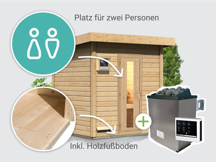 Osb smart choice Saunahaus Hella 2  38 mm - inkl. 9 kW Ofen ext. Steuerung - mit Dacheindeckung und