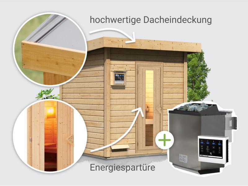 Osb smart choice Saunahaus Hella 2  38 mm - inkl. 9 kW Bioofen ext. Steuerung - mit Dacheindeckung u