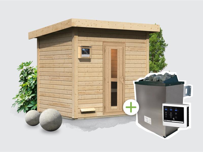 Osb smart choice Saunahaus Hella 3  38 mm - inkl. 9 kW Ofen ext. Steuerung - inkl. Dacheindeckung un