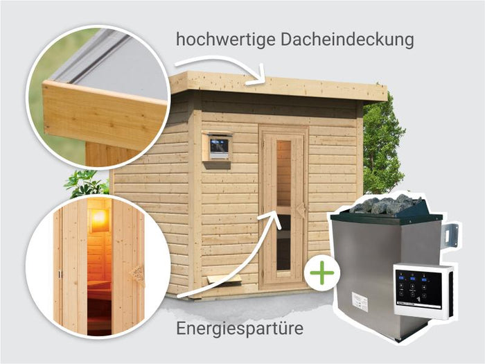 Osb smart choice Saunahaus Hella 3  38 mm - inkl. 9 kW Ofen ext. Steuerung - inkl. Dacheindeckung un