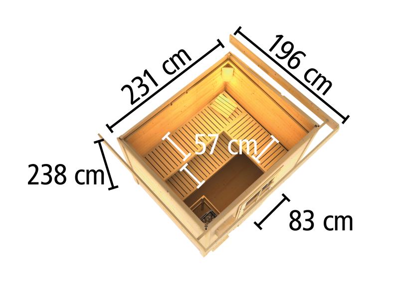 Osb smart choice Saunahaus Hella 3  38 mm - inkl. 9 kW Ofen ext. Steuerung - inkl. Dacheindeckung un