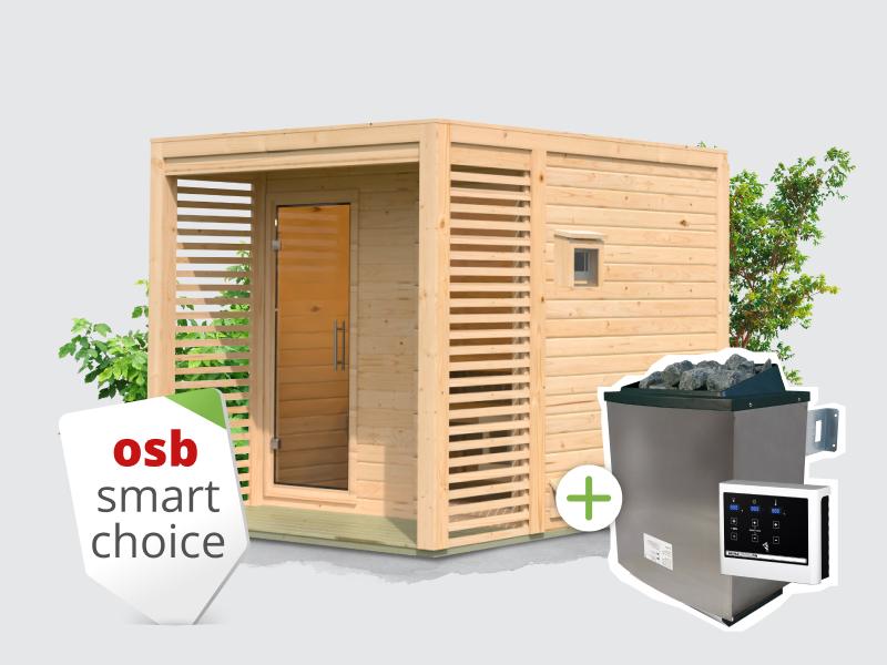 Osb smart choice Saunahaus Patio 2, 38 mm naturbelassen -inkl. 9 kW Ofen ext. Steuerung-, inkl. Dach