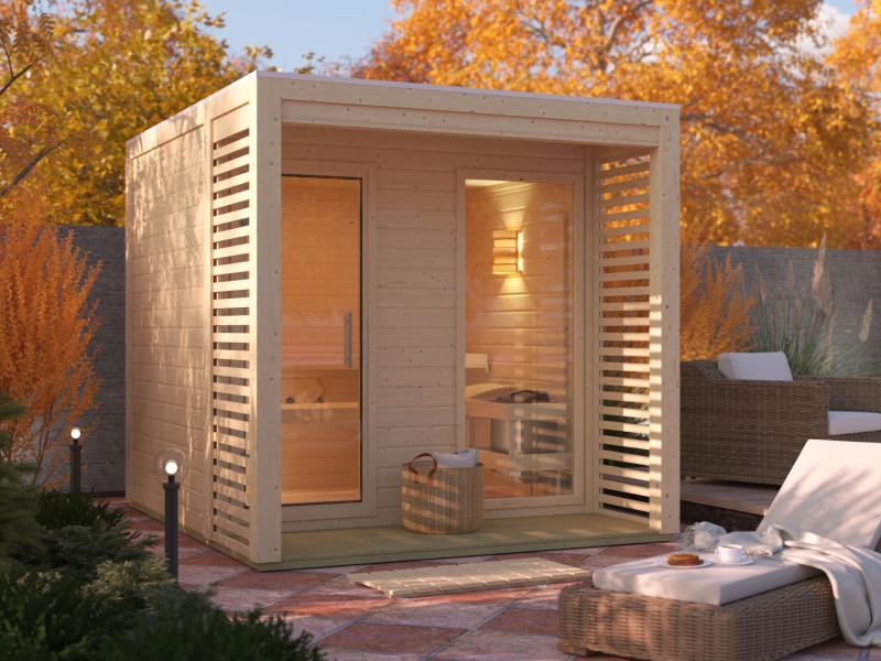 Osb smart choice Saunahaus Patio 2, 38 mm naturbelassen -inkl. 9 kW Ofen ext. Steuerung-, inkl. Dach