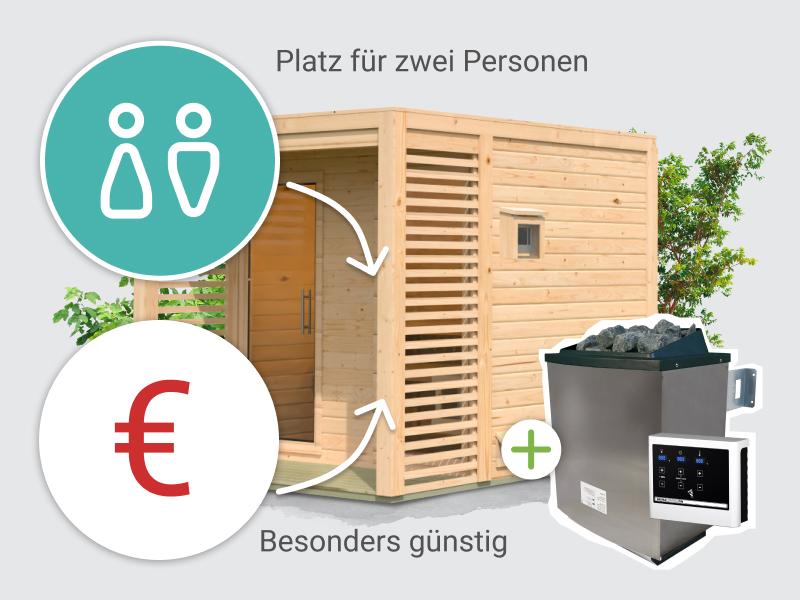 Osb smart choice Saunahaus Patio 2, 38 mm naturbelassen -inkl. 9 kW Ofen ext. Steuerung-, inkl. Dach