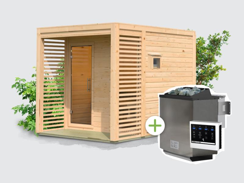 Osb smart choice Saunahaus Patio 2, 38 mm naturbelassen -inkl. 9 kW Bioofen ext. Steuerung-, inkl. D