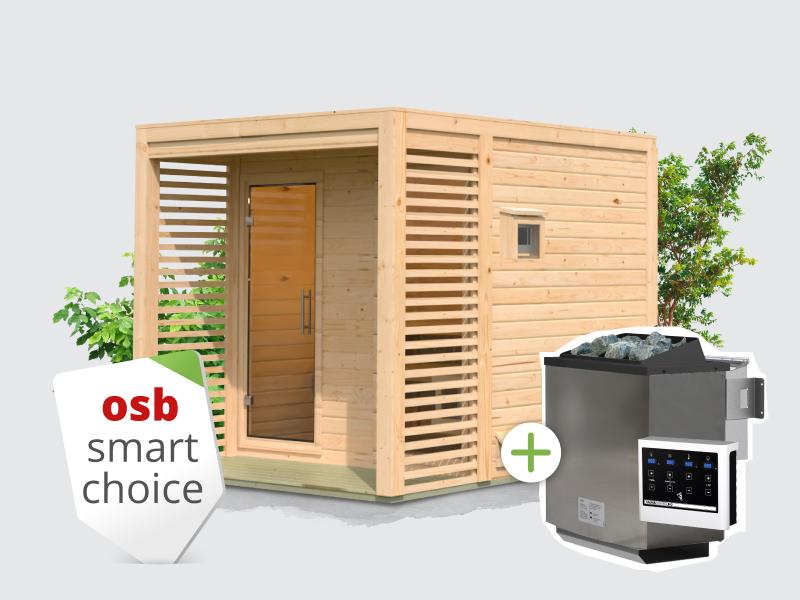 Osb smart choice Saunahaus Patio 2, 38 mm naturbelassen -inkl. 9 kW Bioofen ext. Steuerung-, inkl. D