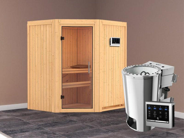 Tonja - Karibu Sauna Plug & Play 3,6 kW Bio Ofen, ext. Steuerung - ohne Dachkranz - Klarglas Ganzgla
