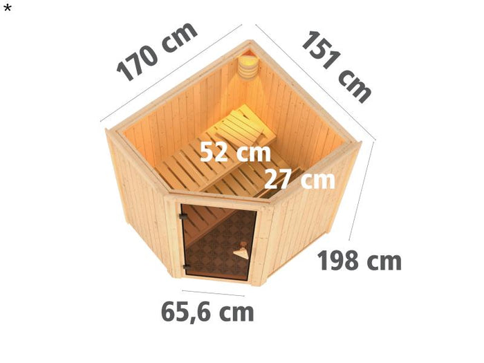 Tonja - Karibu Sauna Plug & Play 3,6 kW Bio Ofen, ext. Steuerung - ohne Dachkranz - Klarglas Ganzgla