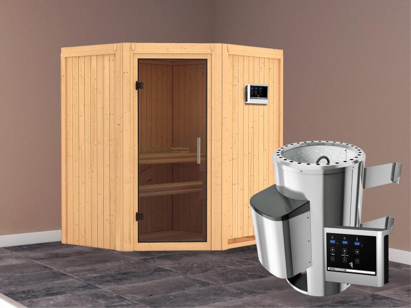 Tonja - Karibu Sauna Plug & Play 3,6 kW Ofen, ext. Steuerung - ohne Dachkranz - Moderne Saunatür