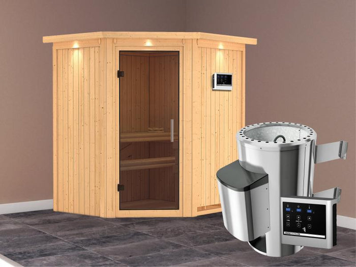 Tonja - Karibu Sauna Plug & Play 3,6 kW Ofen, ext. Steuerung - mit Dachkranz - Moderne Saunatür