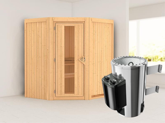 Tonja - Karibu Sauna Plug & Play 3,6 kW Ofen, int. Steuerung - ohne Dachkranz - Energiespartür