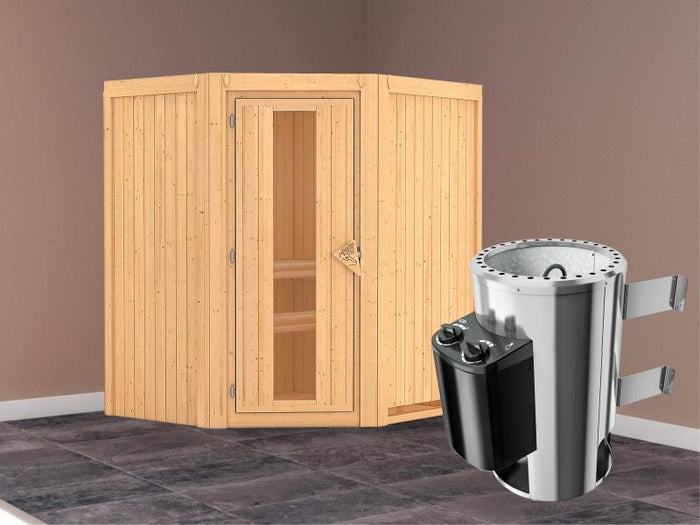 Tonja - Karibu Sauna Plug & Play 3,6 kW Ofen, int. Steuerung - ohne Dachkranz - Energiespartür