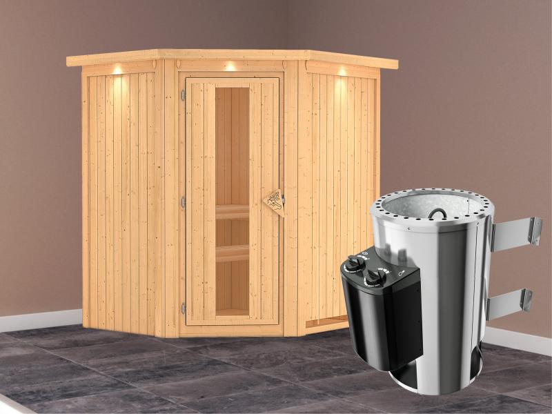 Tonja - Karibu Sauna Plug & Play 3,6 kW Ofen, int. Steuerung - mit Dachkranz - Energiespartür