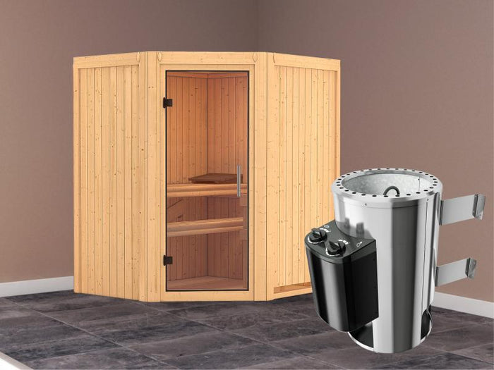 Tonja - Karibu Sauna Plug & Play 3,6 kW Ofen, int. Steuerung - ohne Dachkranz - Klarglas Ganzglastür