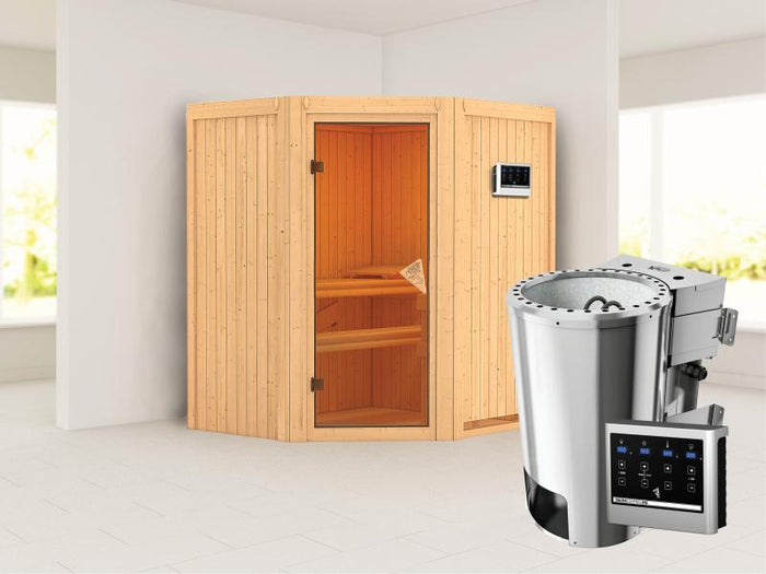 Tonja - Karibu Sauna Plug & Play inkl. 3,6 kW-Bioofen ext. Steuerung - ohne Dachkranz -