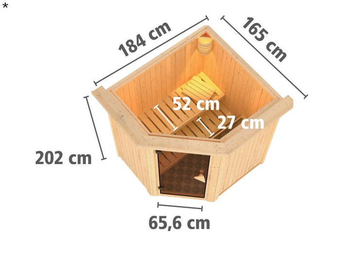 Tonja - Karibu Sauna Plug & Play inkl. 3,6 kW-Bioofen ext. Steuerung - mit Dachkranz -