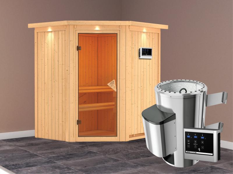 Tonja - Karibu Sauna Plug & Play inkl. 3,6 kW-Ofen ext. Steuerung - mit Dachkranz -