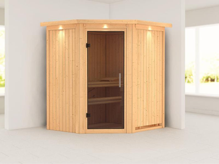 Tonja - Karibu Sauna Plug & Play ohne Ofen - mit Dachkranz - Moderne Saunatür