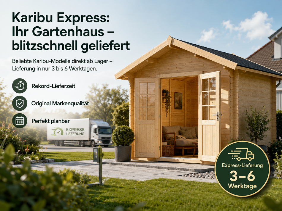 Karibu Express: Ihr Gartenhaus – blitzschnell geliefert