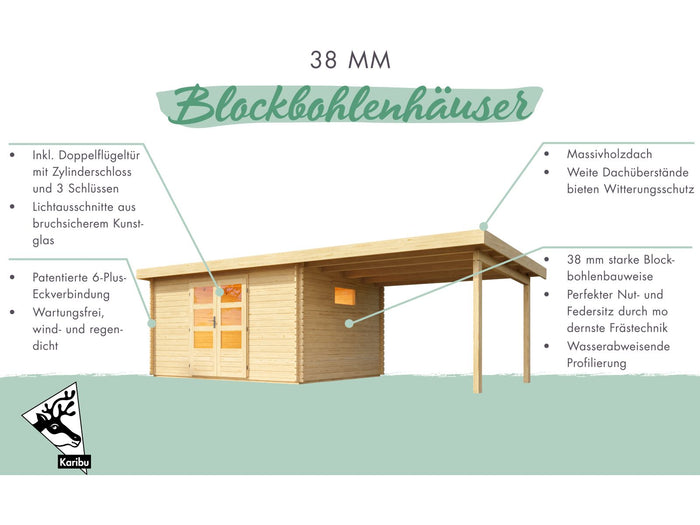 Karibu Gartenhaus Trittau 3 natur mit Anbaudach 3,3 m