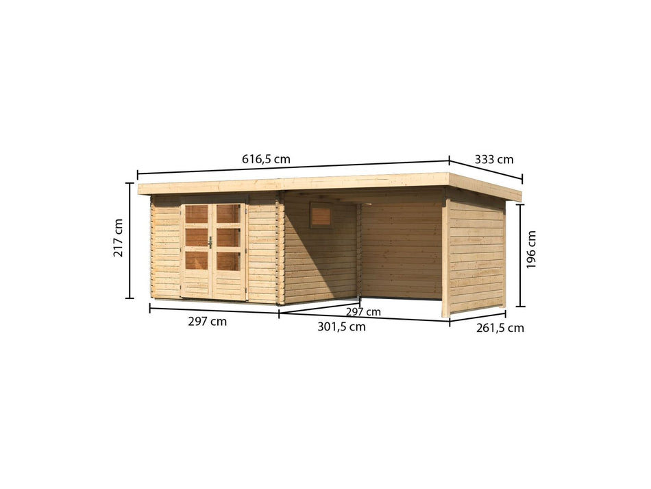 Karibu Gartenhaus Trittau 3 natur mit Anbaudach 3,3 m inkl. Rück- und Seitenwand