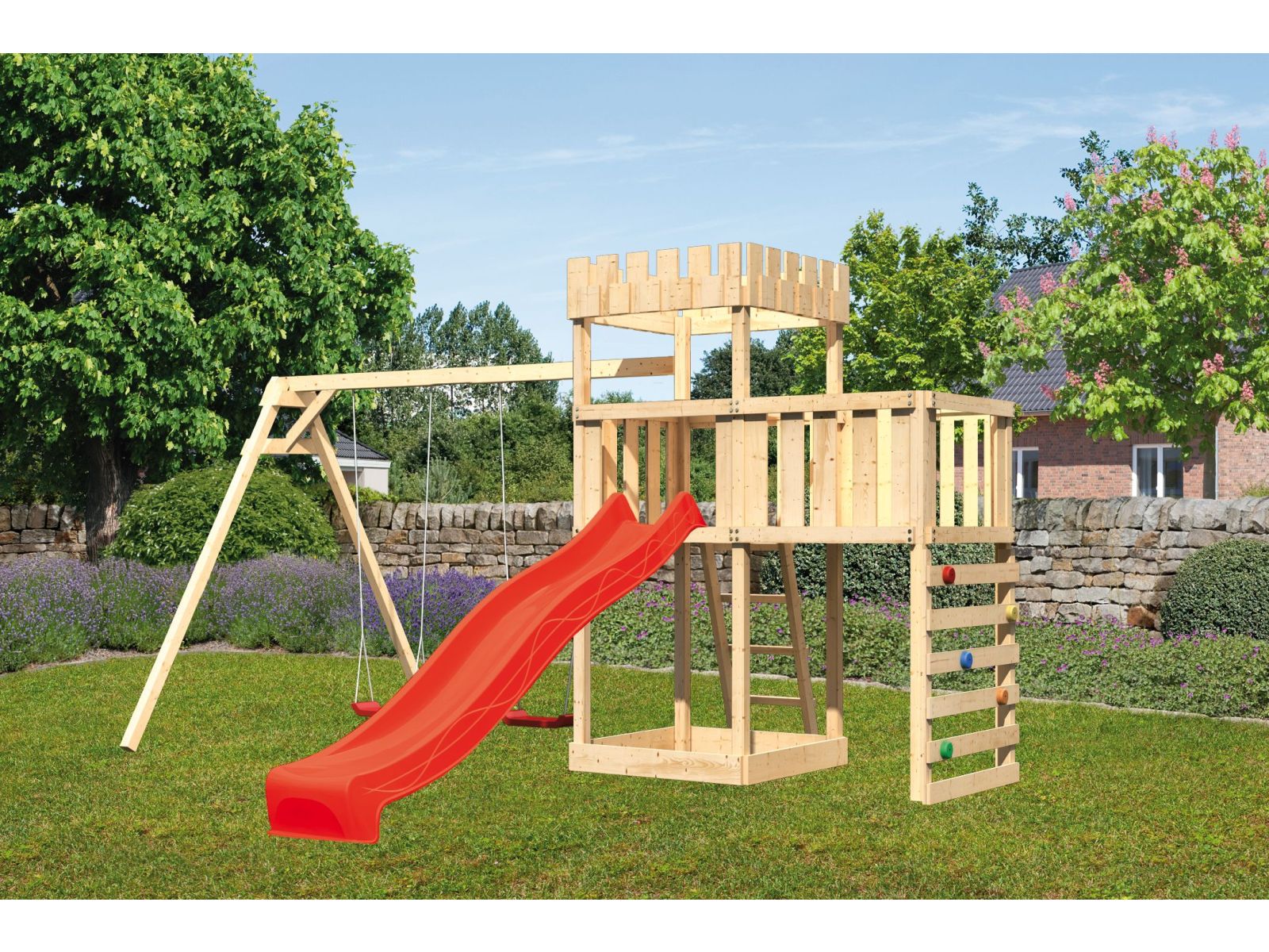 Karibu Ritterburg Löwenherz +Rutsche + Doppelschaukel + Anbauplattform + Kletterwand